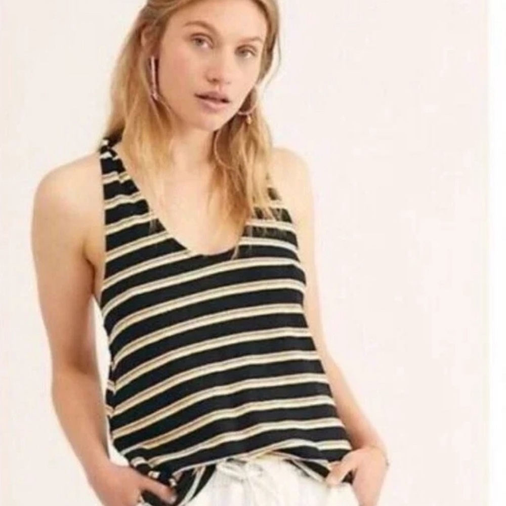 Free People Lost At Sea Striped Tank Racer Back Black Yellow Medium